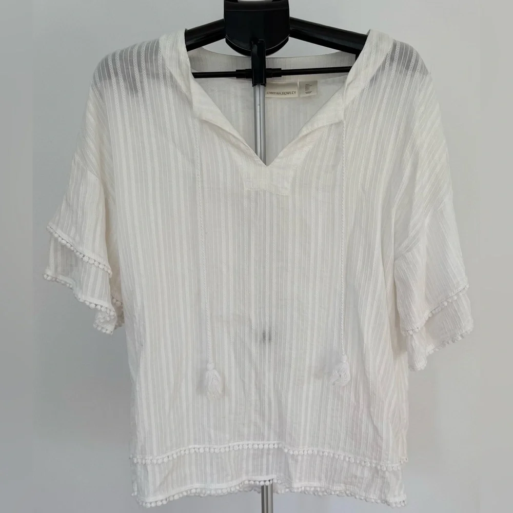 Cynthia Rowley White Sheer Striped Pom-Pom Trim Top | Size Large | Chic & Breezy - Picture 1 of 3